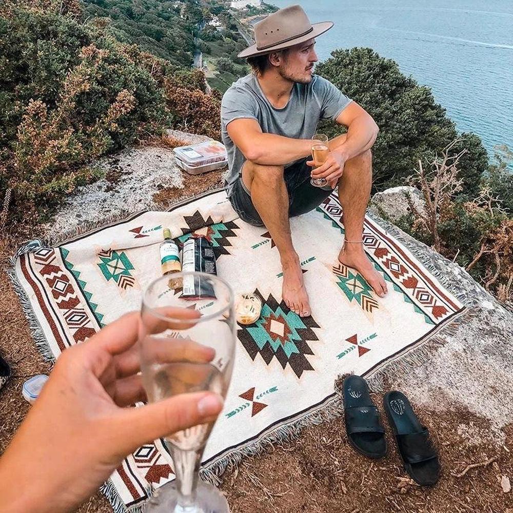 Boho Chic Camping Blanket - Cotton Linen Travel Rug with Tassels