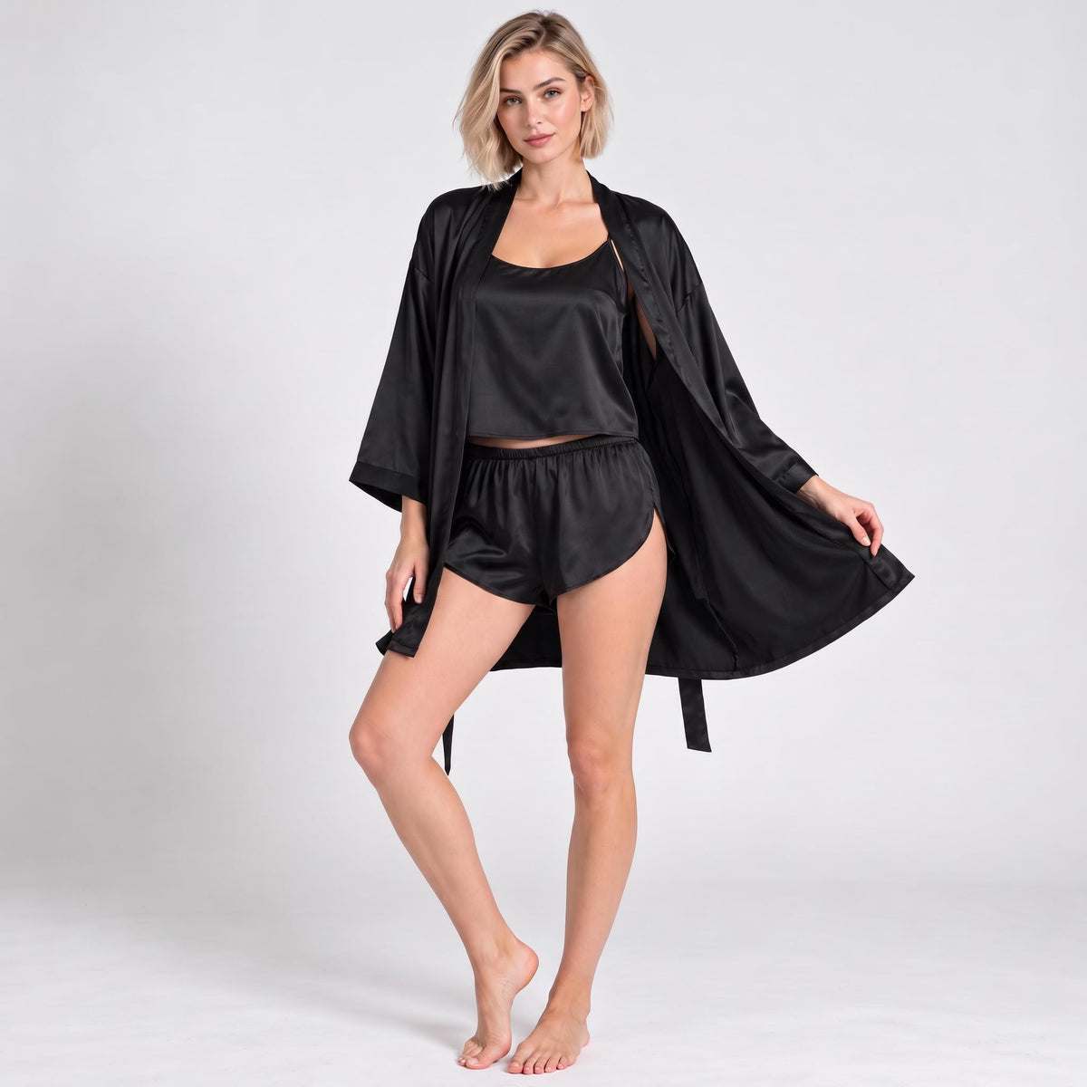 Elegant Mulberry Silk Robe and Cami Shorts Set for Women