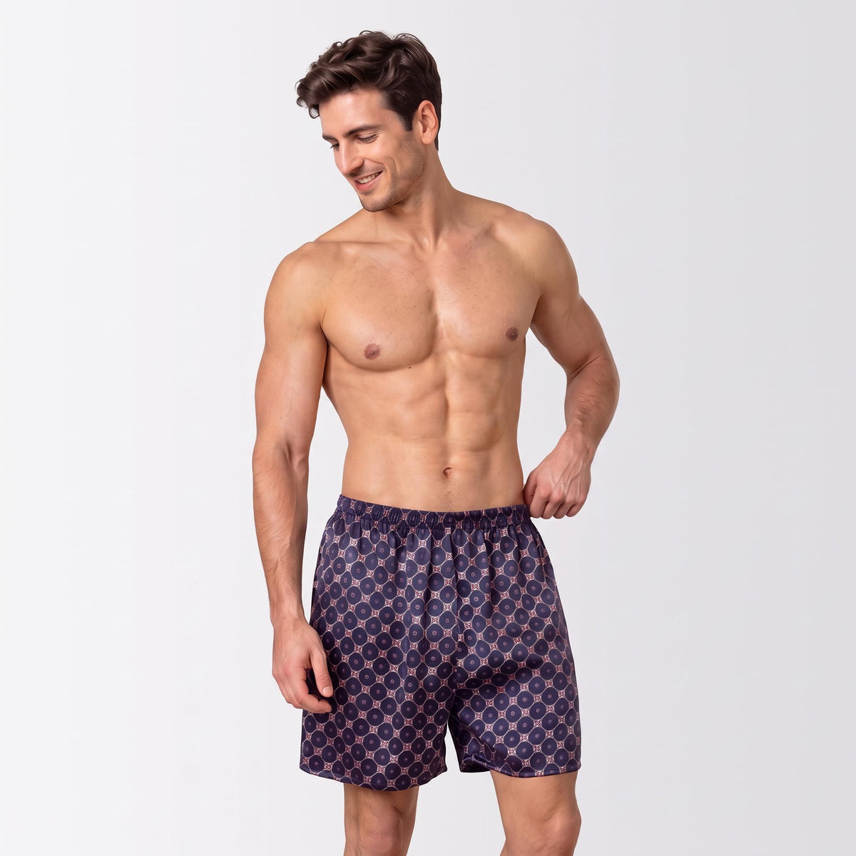 Navy Chain Print Silk Men's Sleep Shorts for Comfort and Style