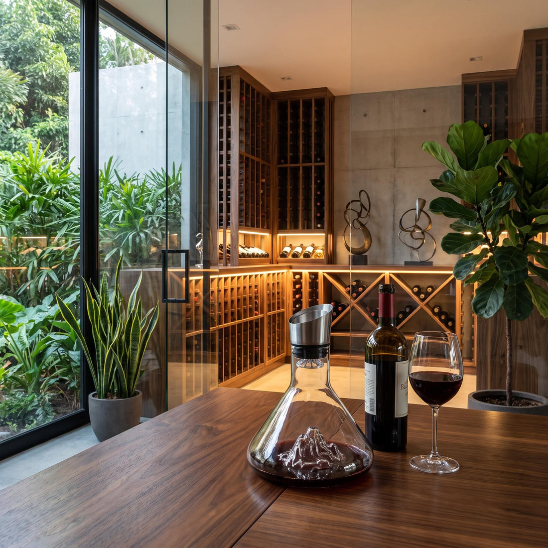 Hand-Blown Crystal Wine Decanter with Built-In Aerator