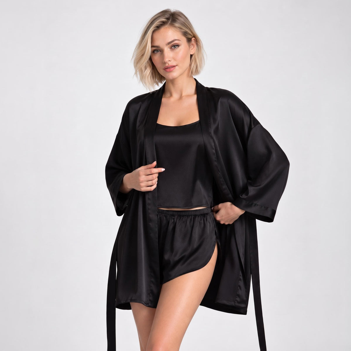 Elegant Mulberry Silk Robe and Cami Shorts Set for Women