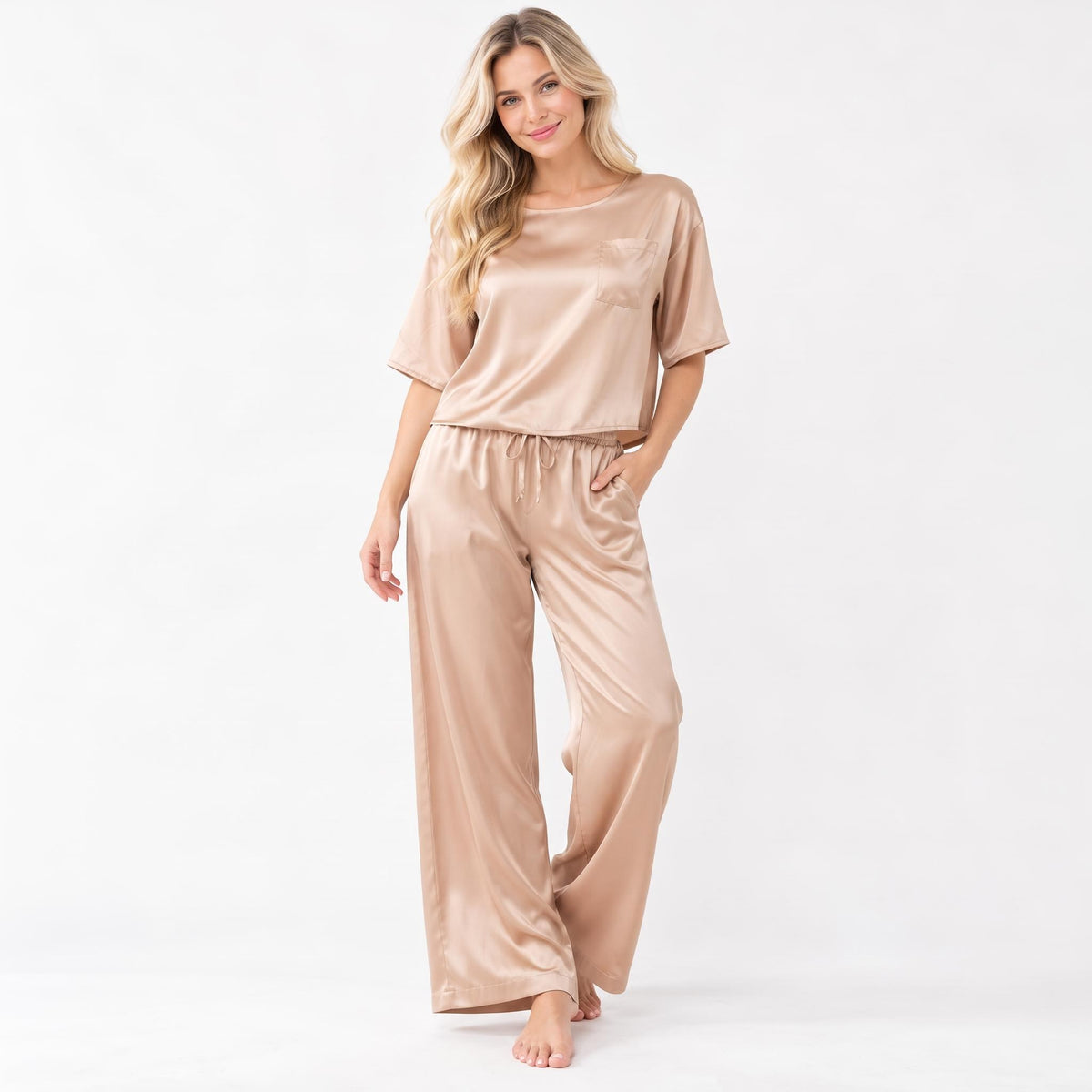 Elegant Silk Pajama Set for Women with Wide-Leg Pants