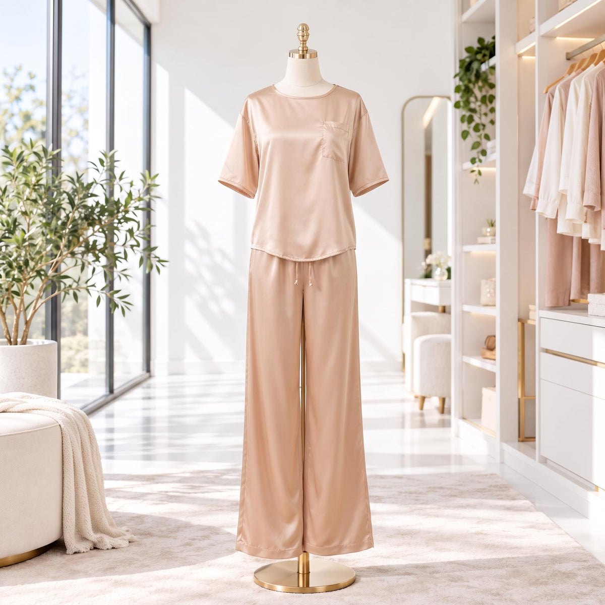 Elegant Silk Pajama Set for Women with Wide-Leg Pants