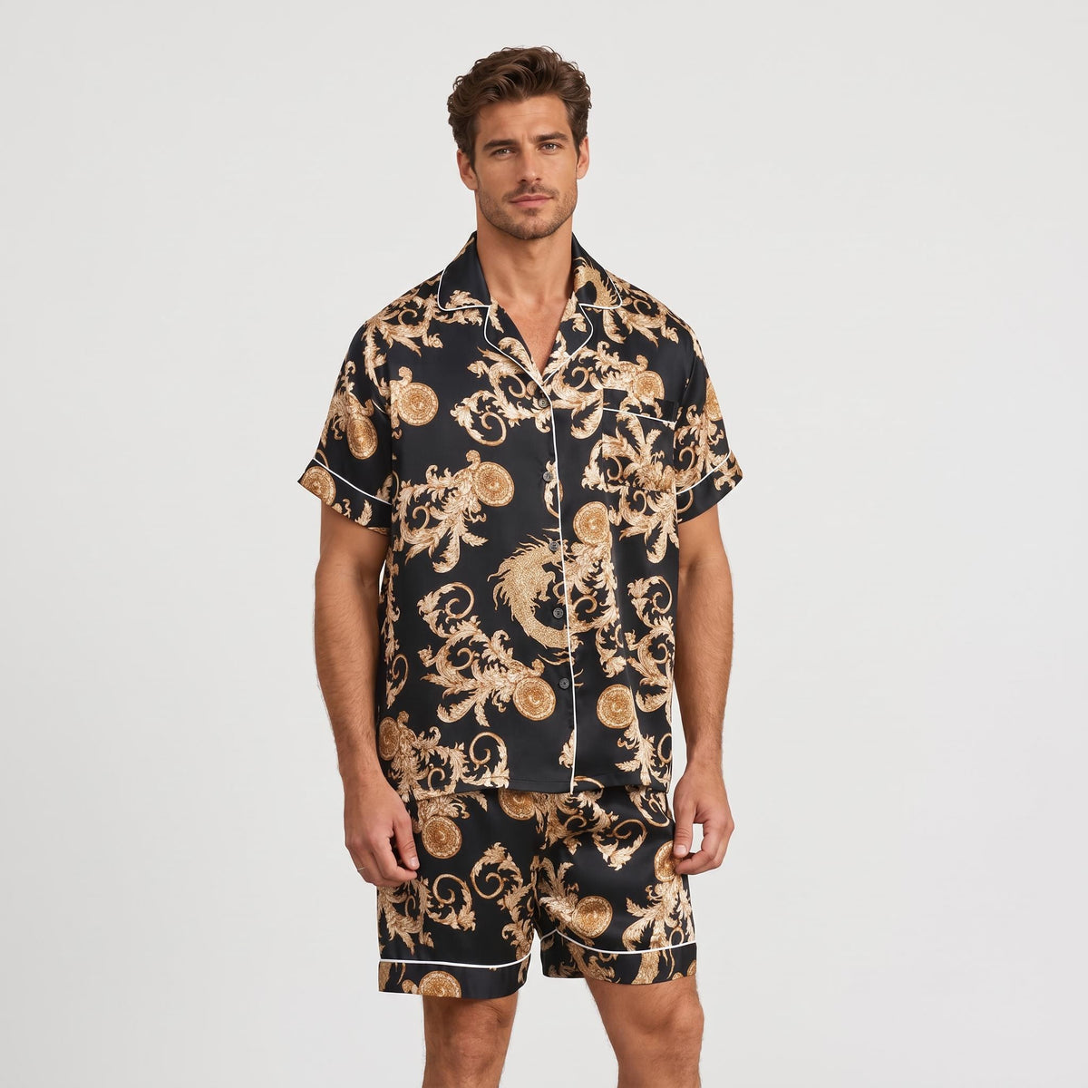 Dragon Print Men's Silk Pajama Set with Short Sleeve Top