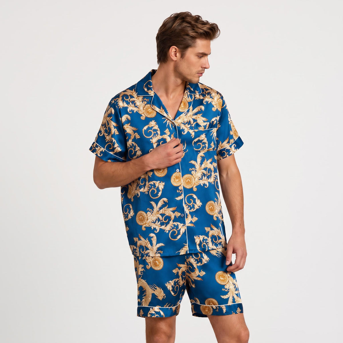 Dragon Print Men's Silk Pajama Set with Short Sleeve Top