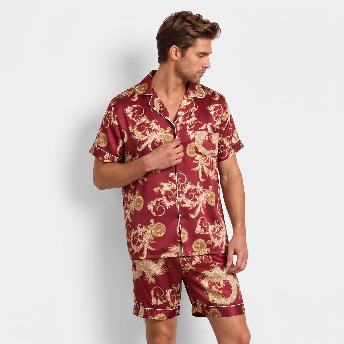 Dragon Print Men's Silk Pajama Set with Short Sleeve Top
