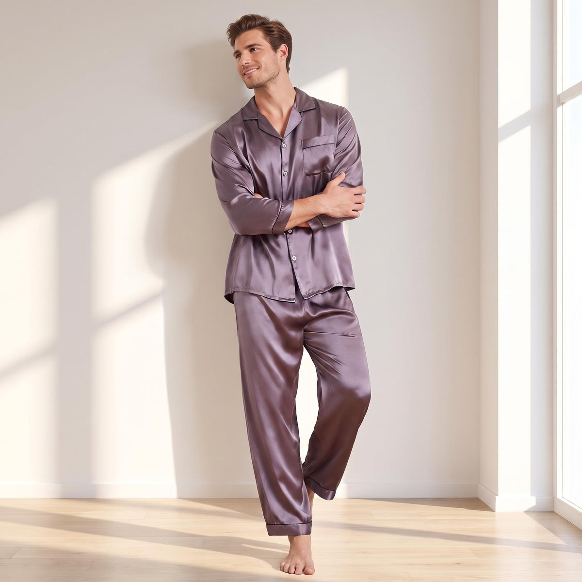 Men's Long Sleeve Silk Pajama Set with Notch Collar