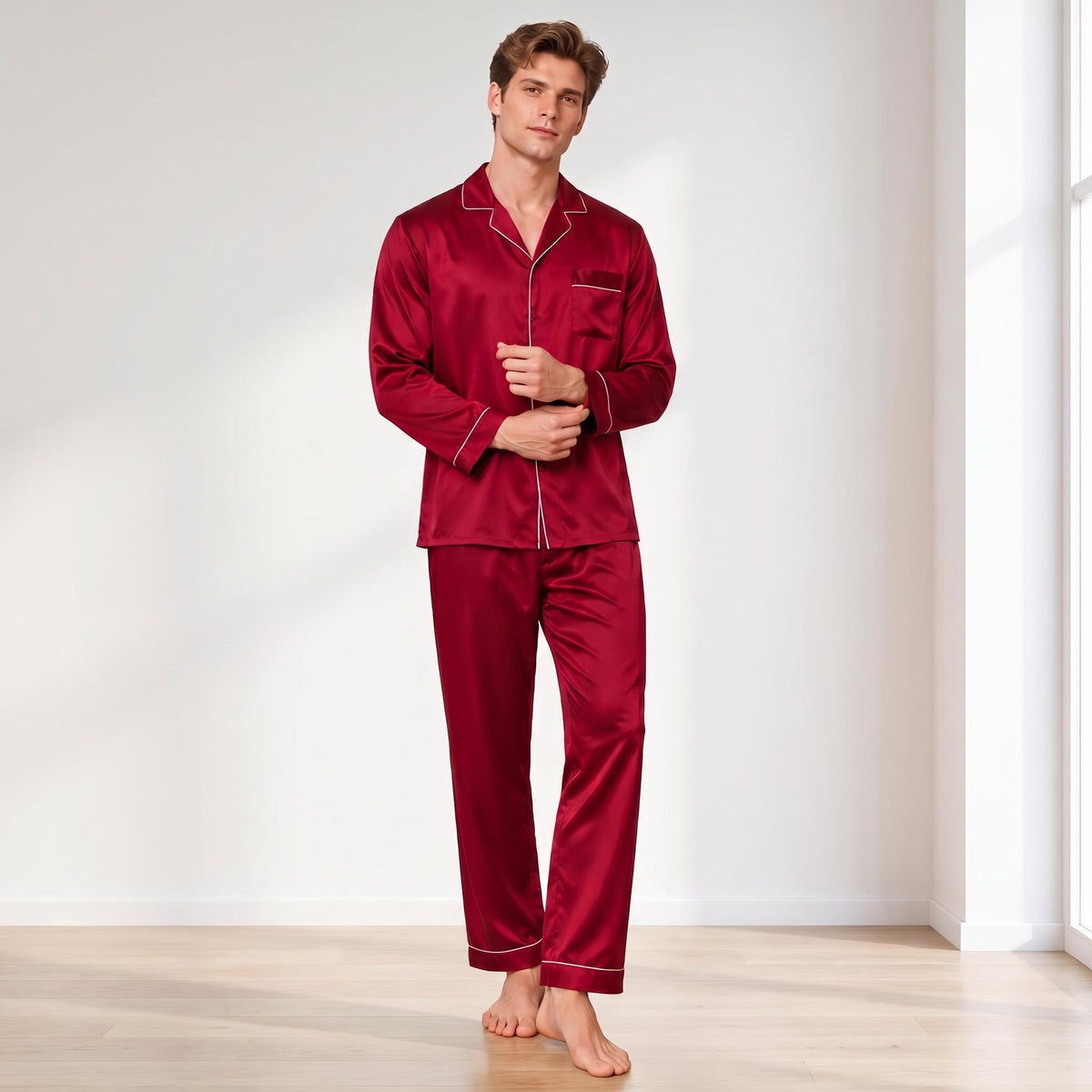 Men's Long Sleeve Silk Pajama Set with Notch Collar