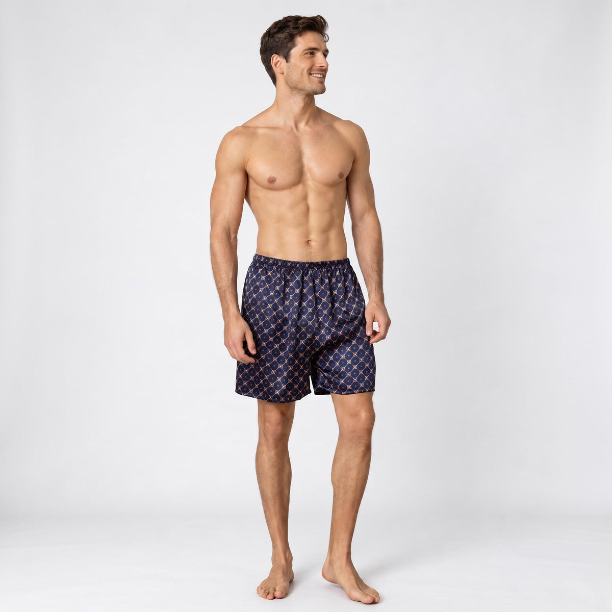 Navy Chain Print Silk Men's Sleep Shorts for Comfort and Style