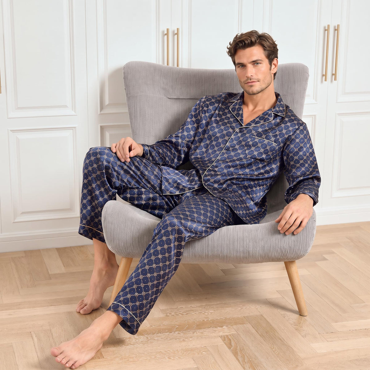 Navy Silk Geometric Print Men's Pajama Set