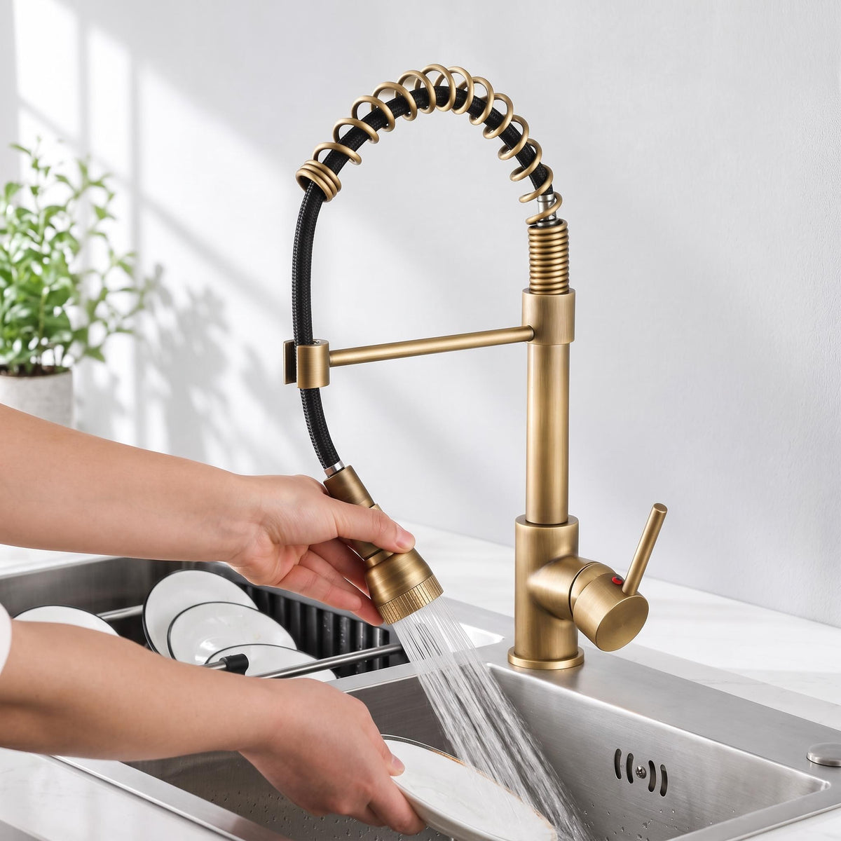 Antique Brass Kitchen Faucet with 360-Degree Rotation