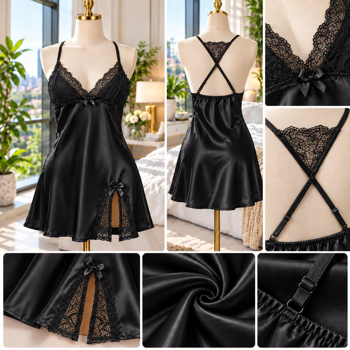 Elegant Silk Nightgown with Lace Trim and Side Slit for Women