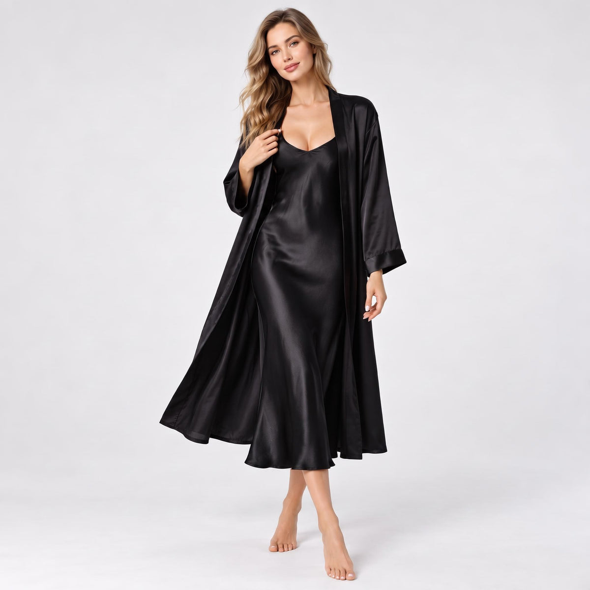 Mulberry Silk Nightgown and Robe Set with V-Neck Design