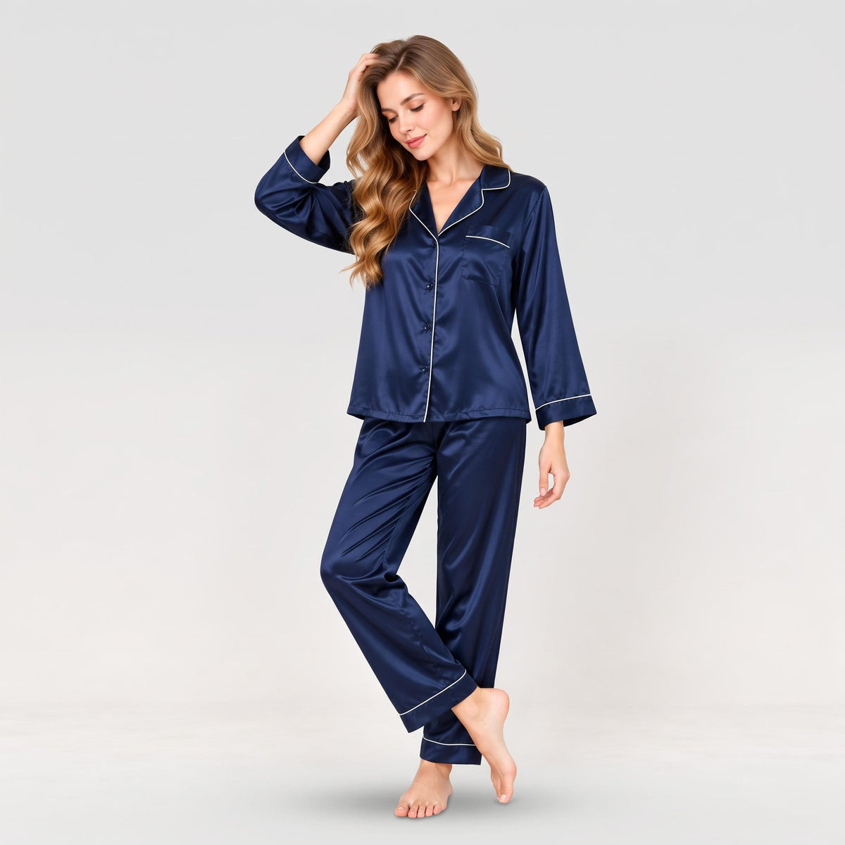 Mulberry Silk Pajama Set for Women with Notch Collar