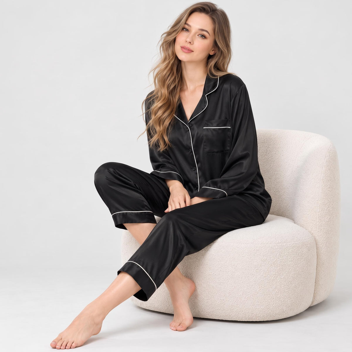 Mulberry Silk Pajama Set for Women with Notch Collar