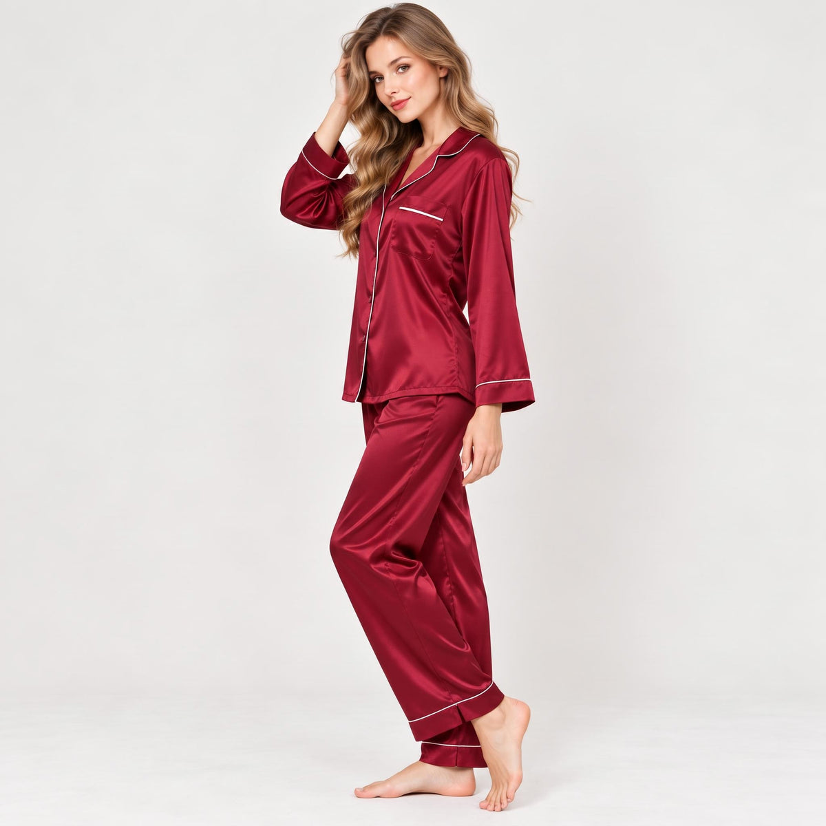 Mulberry Silk Pajama Set for Women with Notch Collar