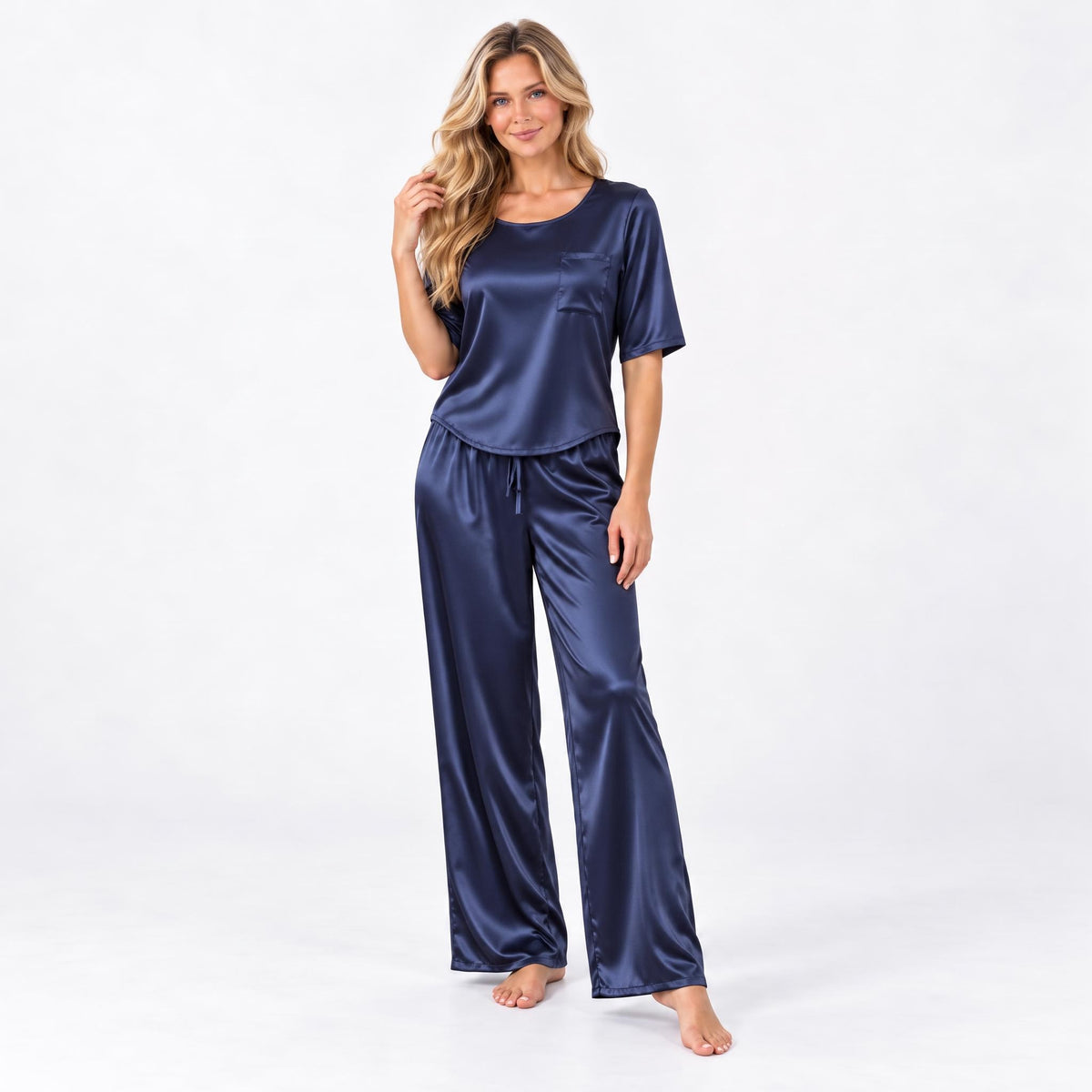 Elegant Silk Pajama Set for Women with Wide-Leg Pants