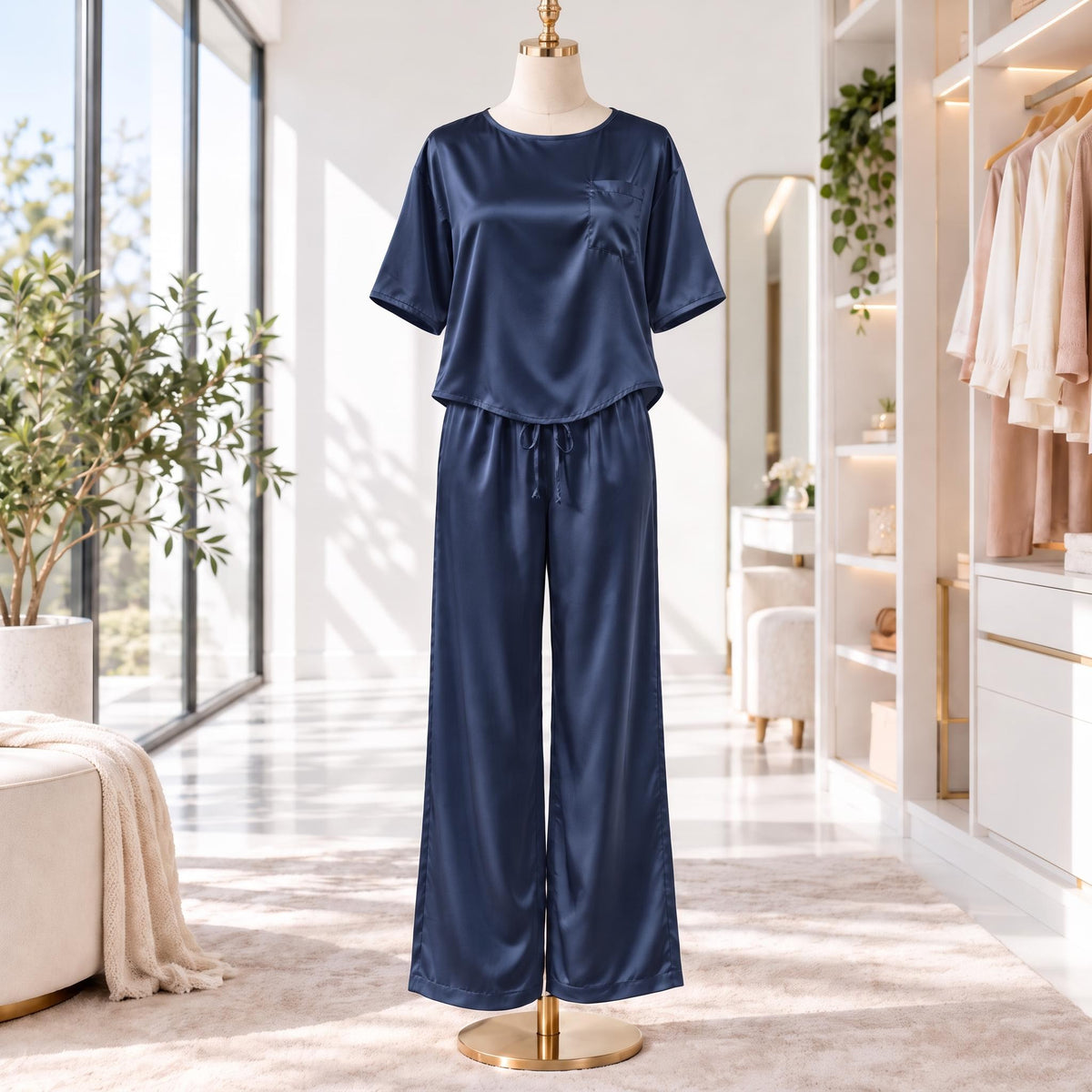 Elegant Silk Pajama Set for Women with Wide-Leg Pants