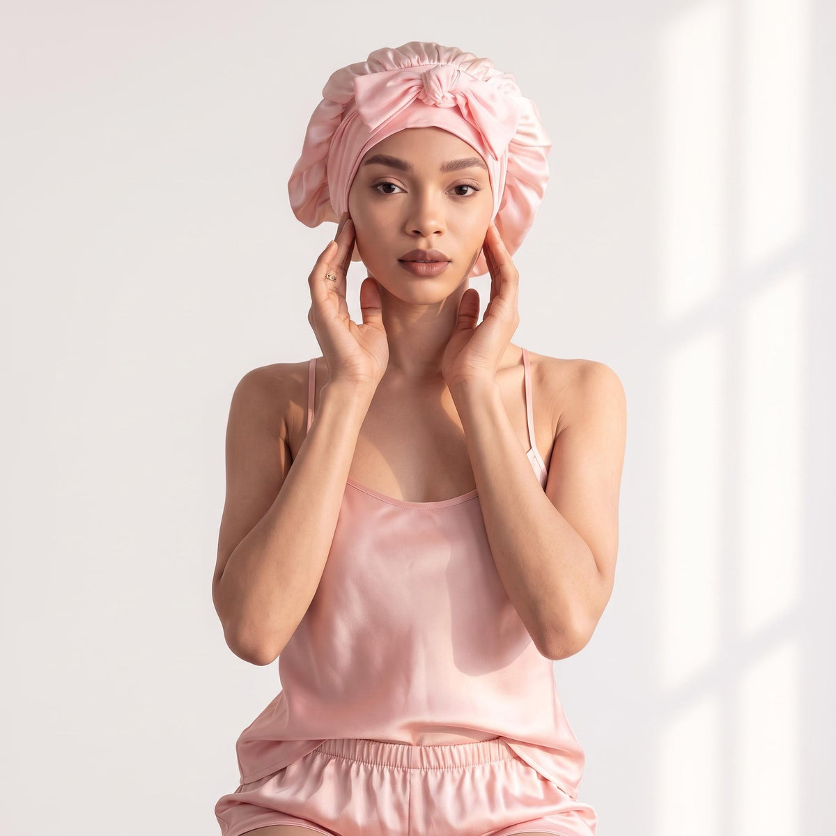 Woman wearing a light pink 100% mulberry silk sleep bonnet with a decorative front bowknot tie.