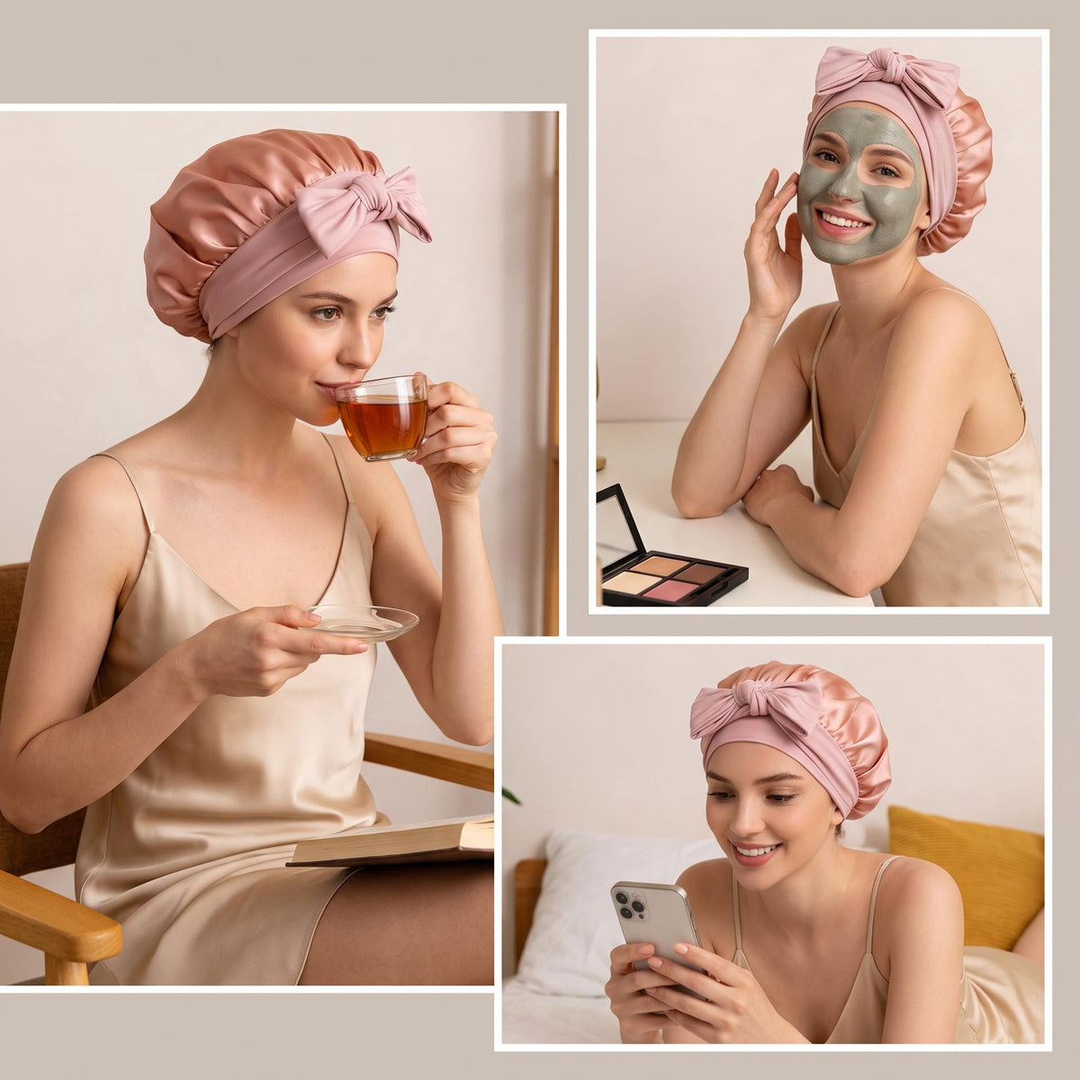 Woman wearing a dusty pink mulberry silk sleep bonnet with a decorative bow tie while relaxing at home.