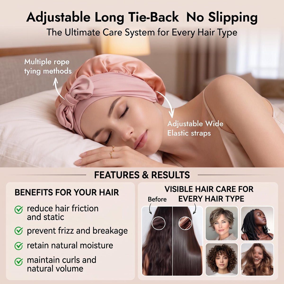 Woman sleeping in a pink mulberry silk bonnet with an adjustable bow tie for hair protection and frizz reduction.