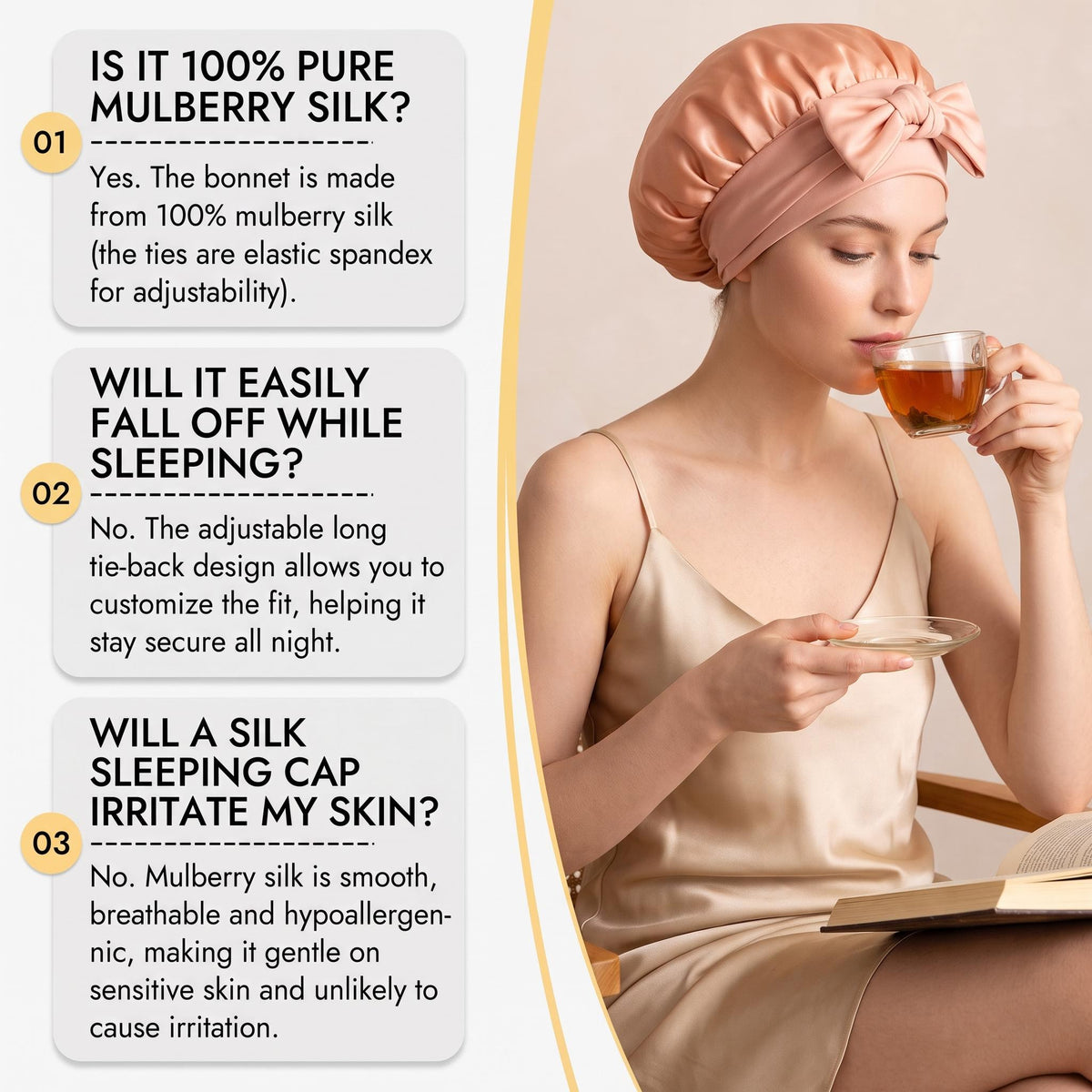 Woman wearing a peach mulberry silk sleep bonnet with a front bow tie, featuring text explaining product benefits.