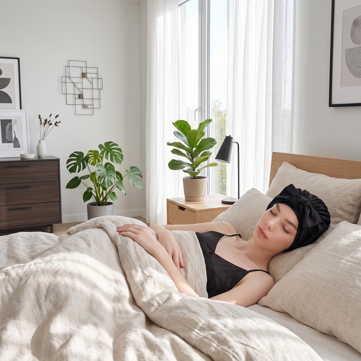 Woman sleeping in a bed wearing a black 100% mulberry silk bonnet with a stylish bowknot tie for hair protection.