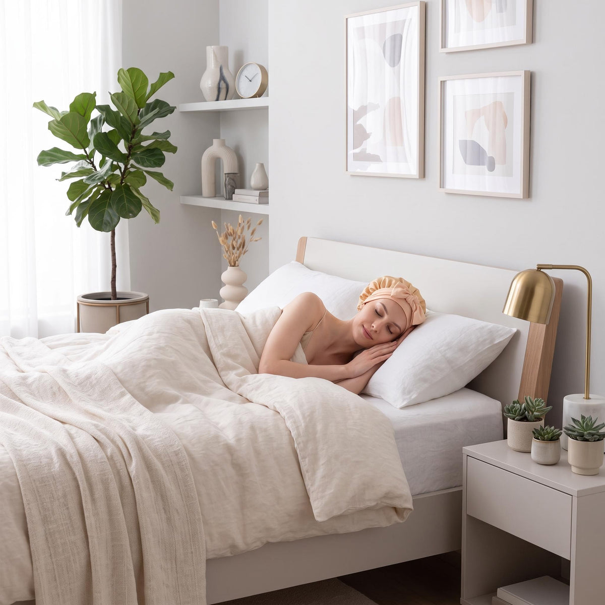 Woman sleeping in a beige mulberry silk bonnet with a bowknot tie, designed for hair protection and comfort.
