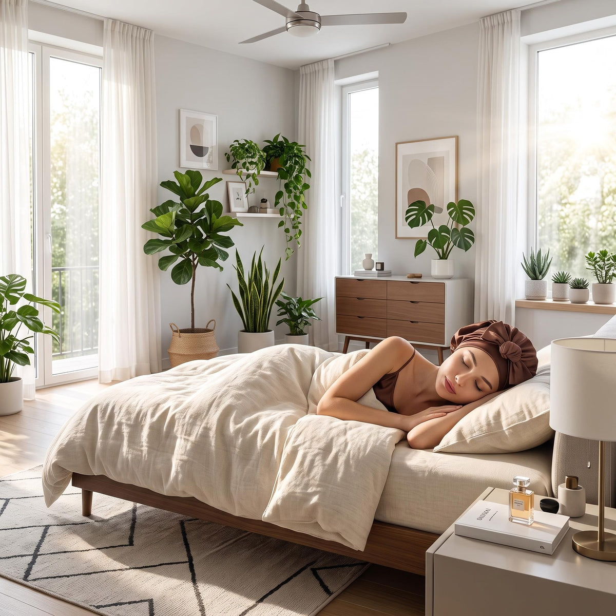 Woman sleeping in a brown mulberry silk bonnet with a decorative bow tie in a bright, plant-filled bedroom.