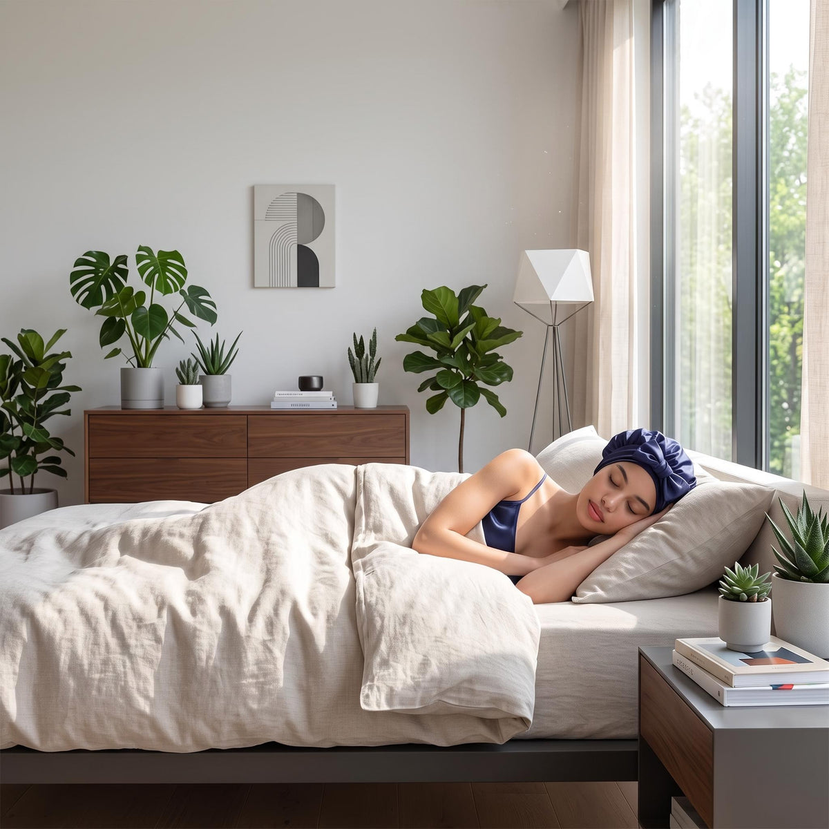 Woman sleeping in a navy blue mulberry silk bonnet with a bow tie, resting on a beige linen bed in a modern bedroom.