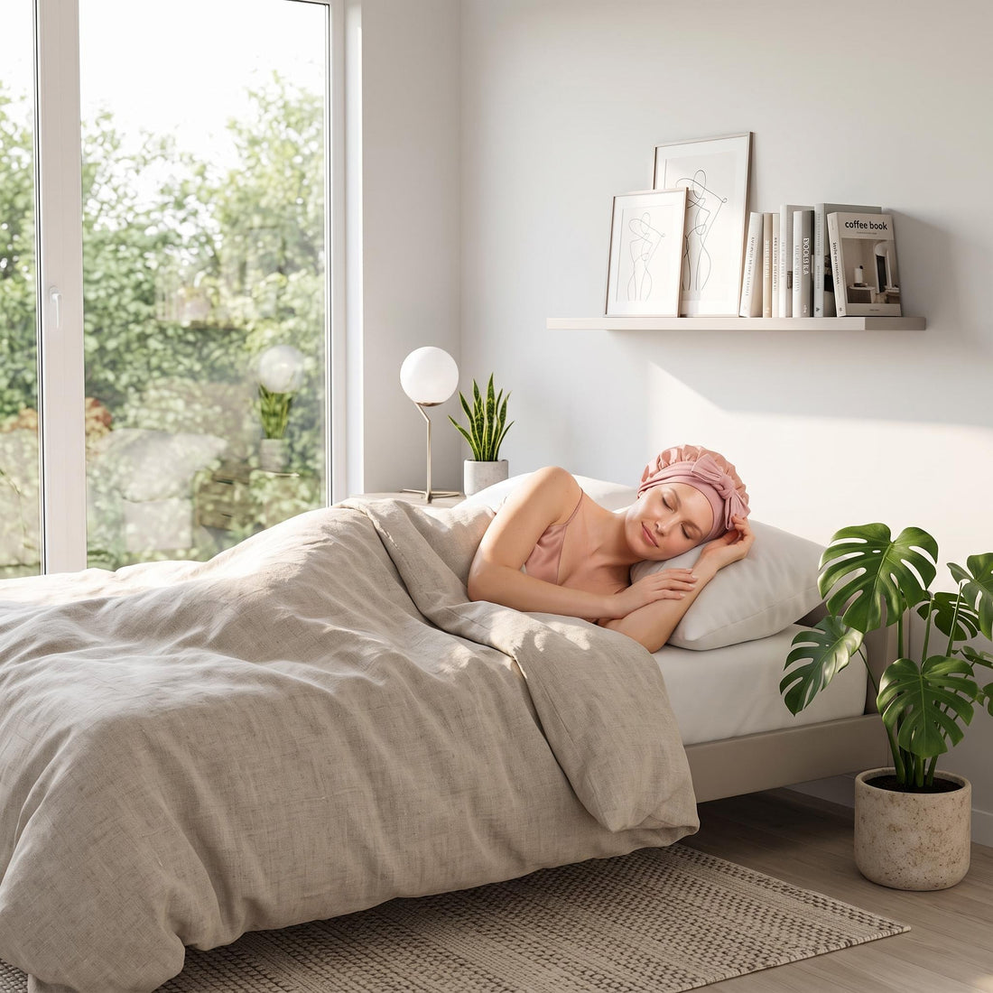 Woman sleeping in a bed wearing a dusty pink mulberry silk bonnet with a stylish bow tie feature.
