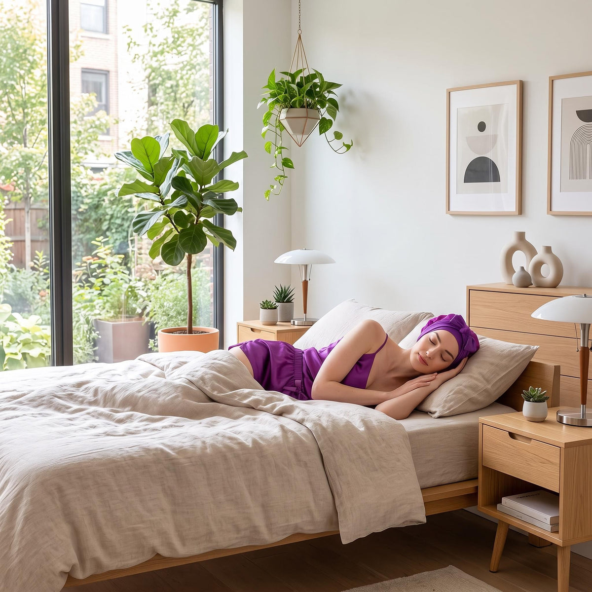 Woman sleeping in a bright bedroom wearing a purple mulberry silk sleep bonnet with an adjustable bow tie.