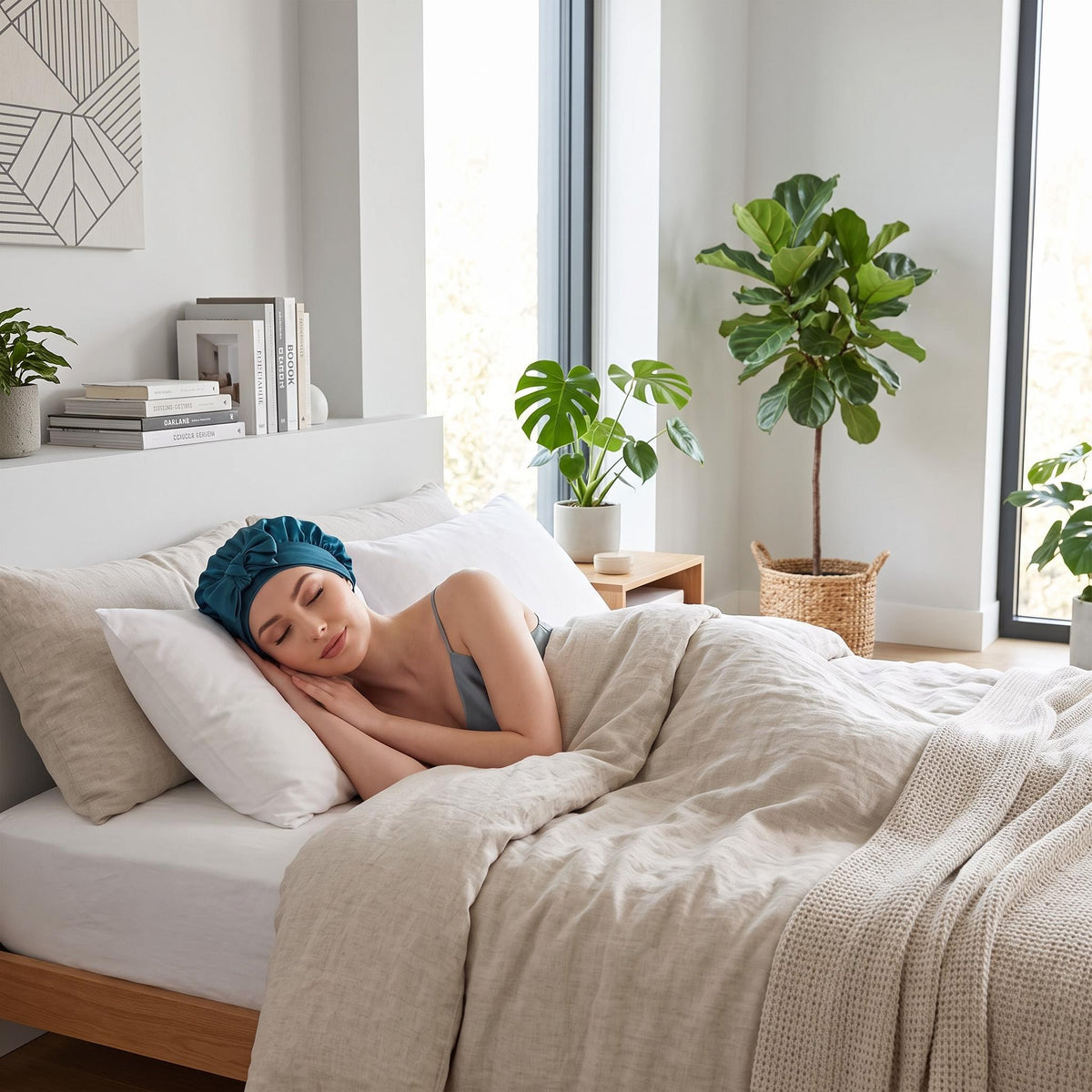 Woman sleeping in a teal mulberry silk bonnet with a decorative bow tie, resting on a white pillow in a modern bedroom.