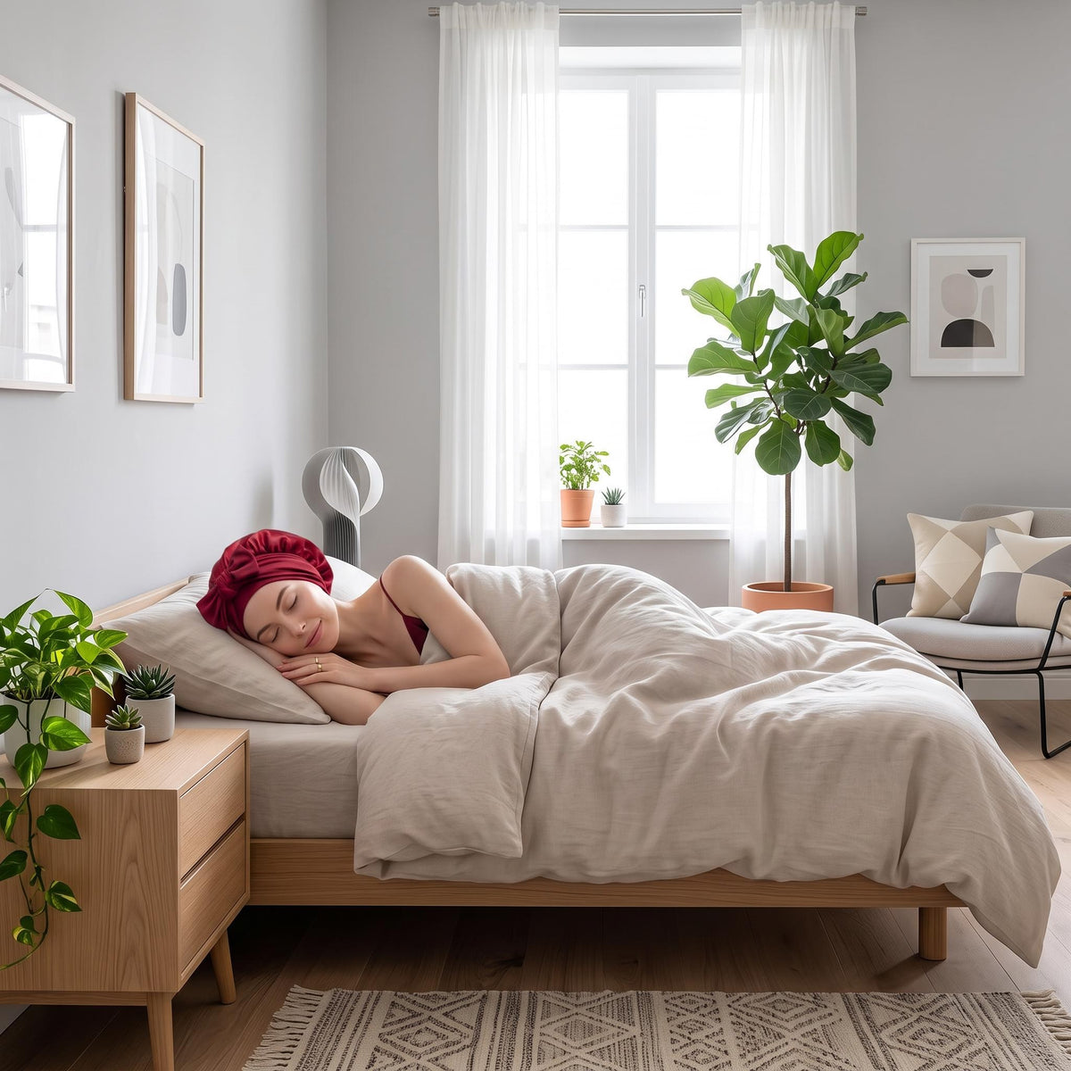 Woman sleeping in a bed wearing a deep red mulberry silk bonnet with an elegant bow tie design for hair protection.