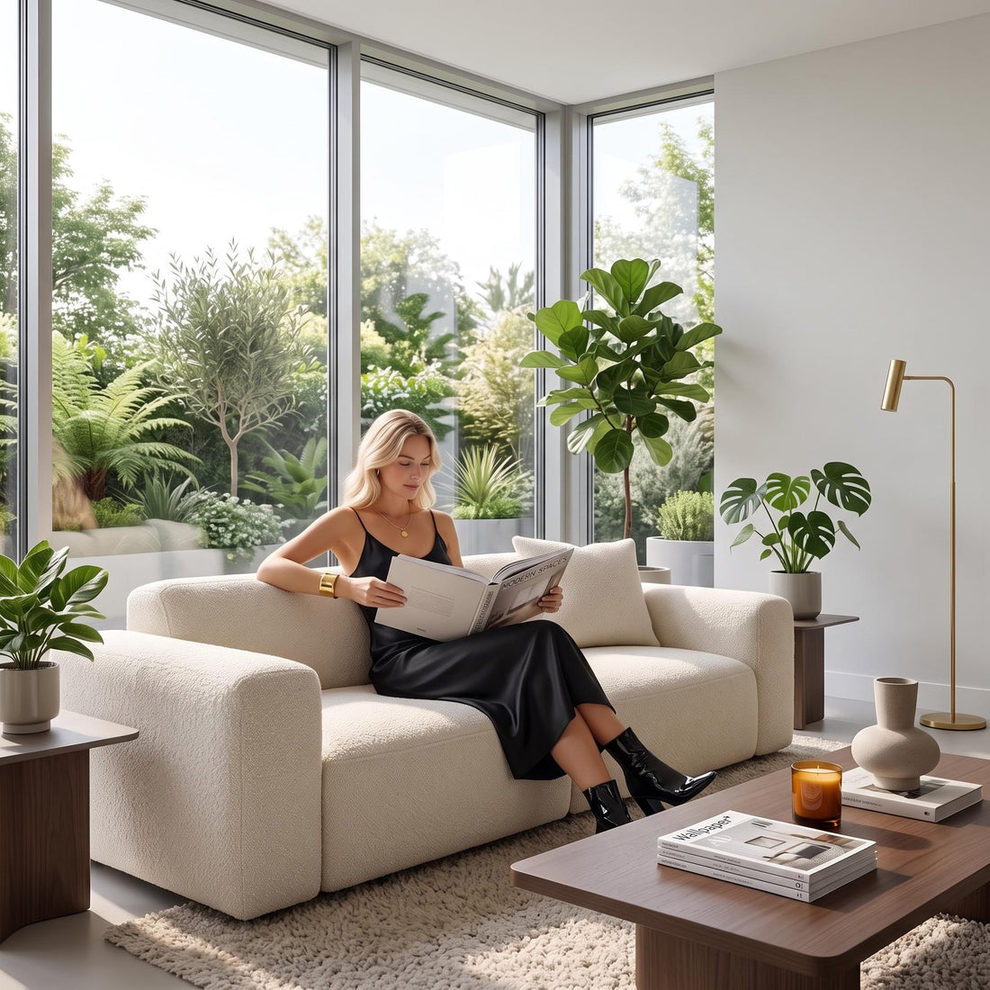 Woman wearing a black mulberry silk midi dress with adjustable straps and a V-neckline, sitting on a cream sofa.