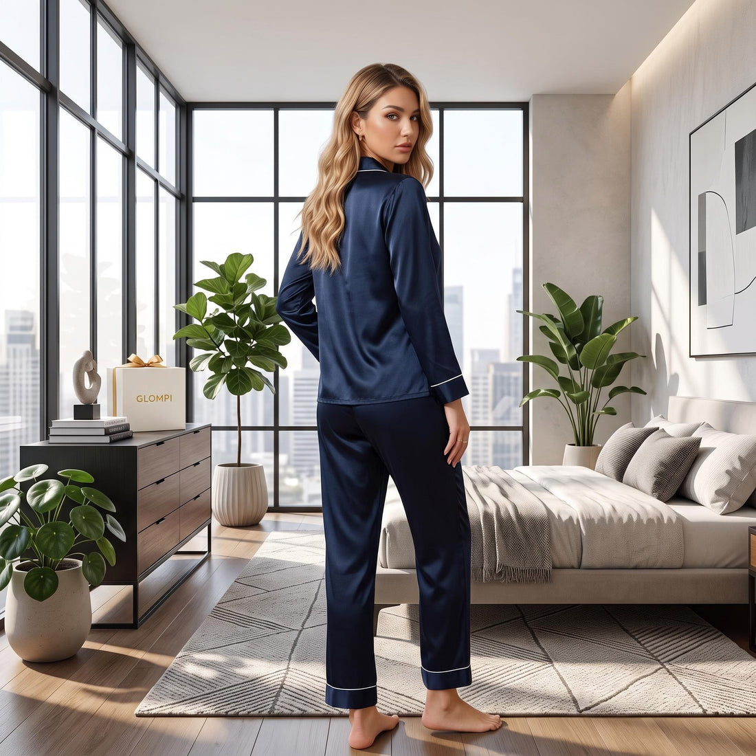 Woman wearing a navy blue 100% mulberry silk pajama set with long sleeves, button-down top, and white contrast piping.