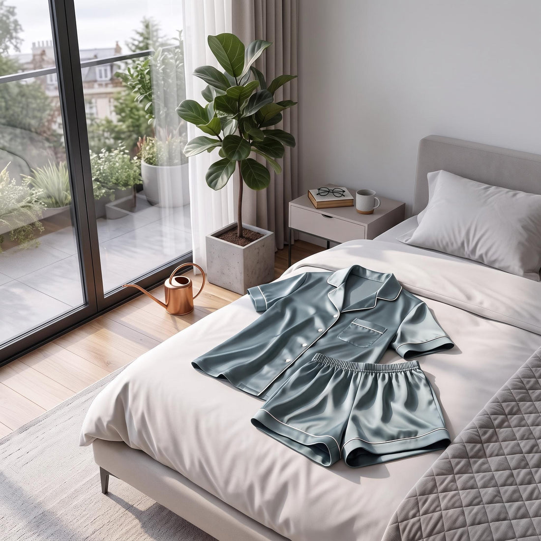 Woman wearing a sage green 100% mulberry silk short-sleeve pajama set with contrast piping, standing in a modern bedroom.