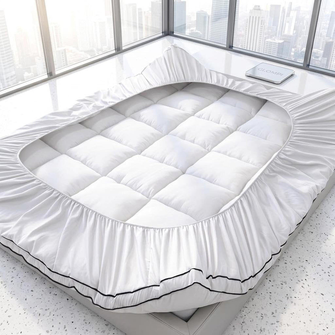 Woman fitting an extra-thick, white quilted pillow top mattress pad with deep pockets onto a bed in a bright bedroom.