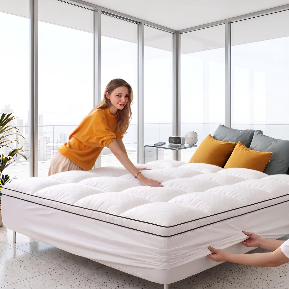 Woman fitting an extra-thick, white quilted pillow top mattress pad with deep pockets onto a bed in a bright bedroom.