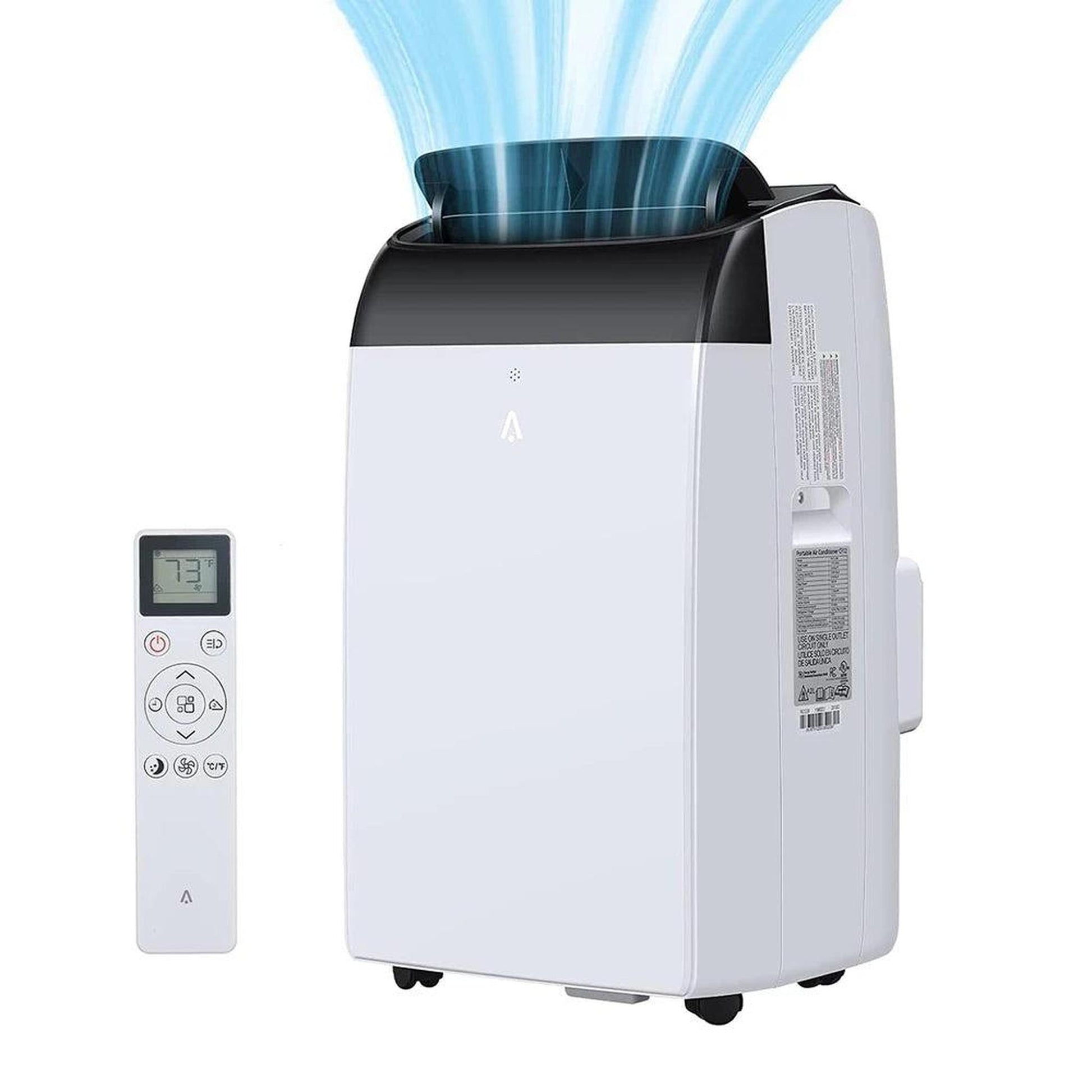 White and black 14000 BTU portable air conditioner with remote control and blue airflow graphic.