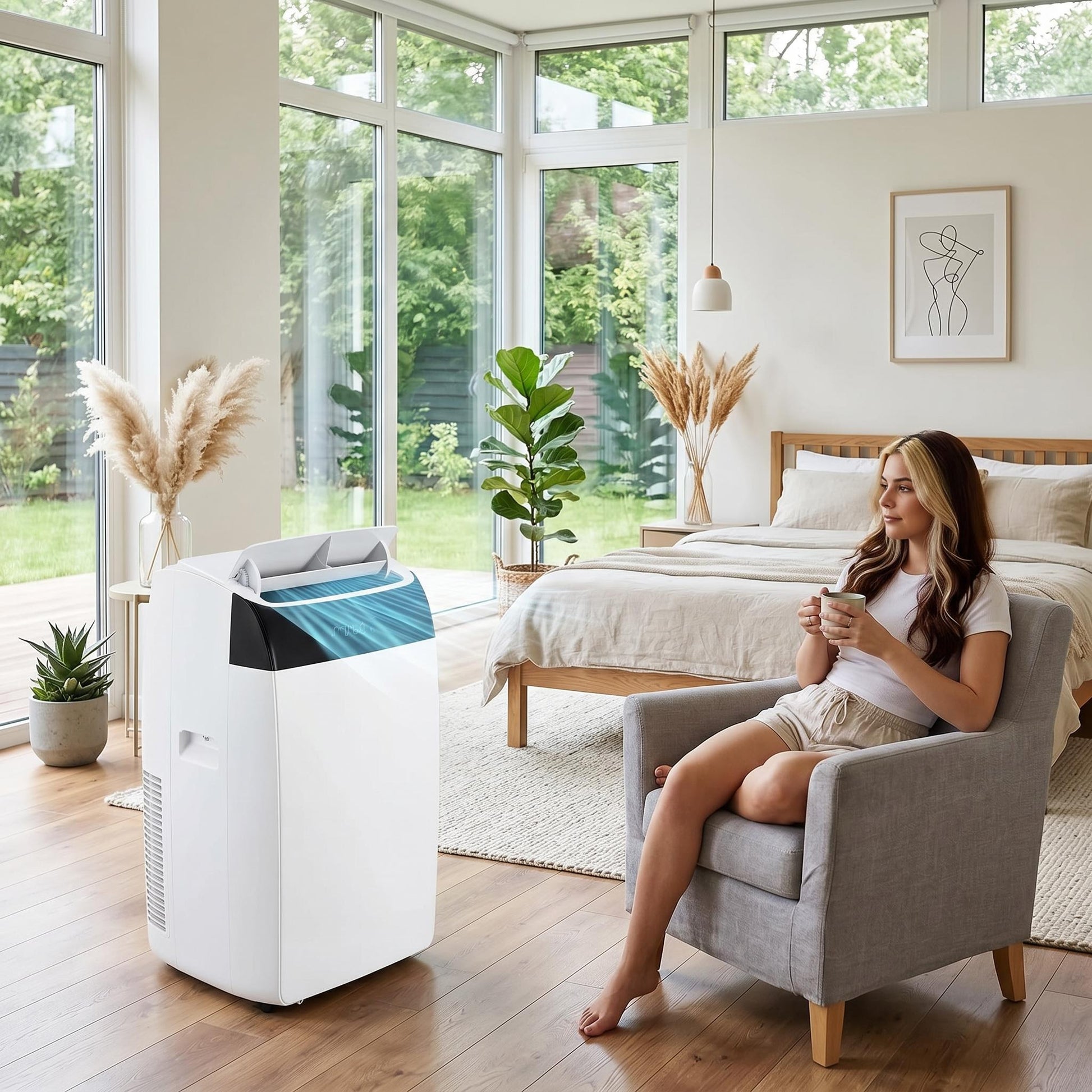 White 14000 BTU portable air conditioner cooling a modern bedroom with a woman sitting in an armchair
