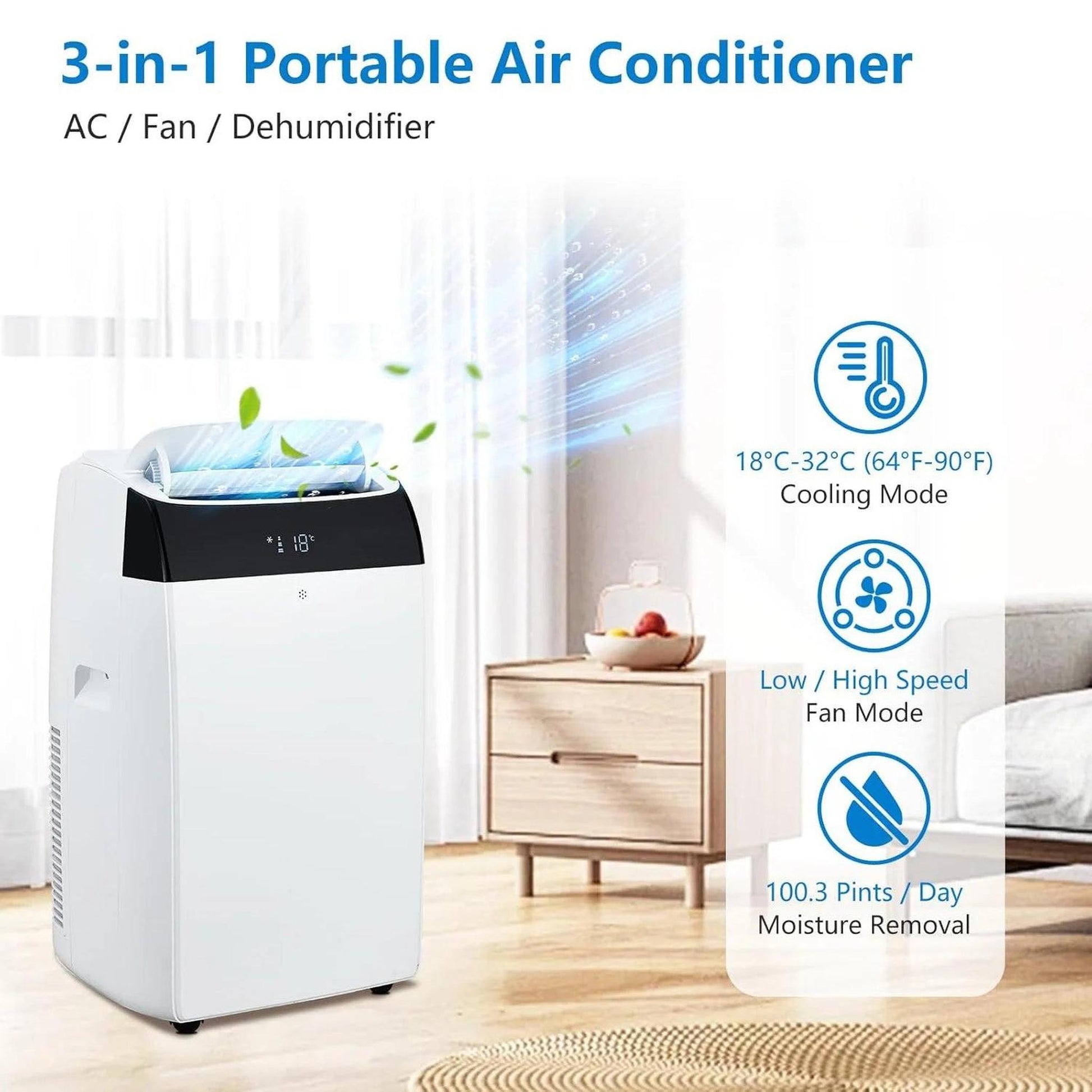 White 3-in-1 portable air conditioner unit with digital display in a modern room.
