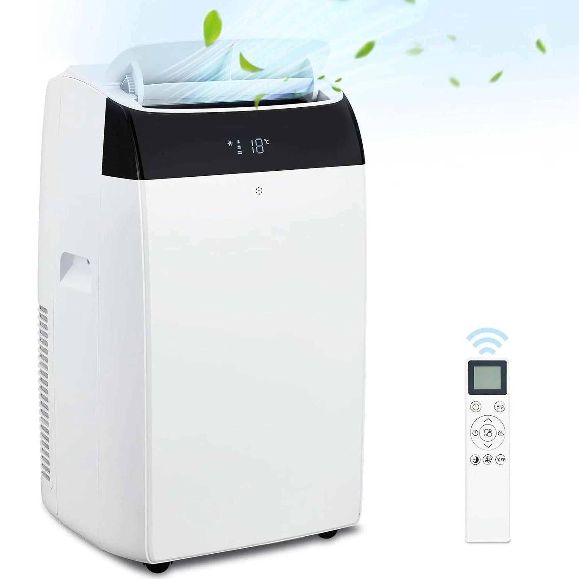 White 14000 BTU portable air conditioner with digital display and remote control.