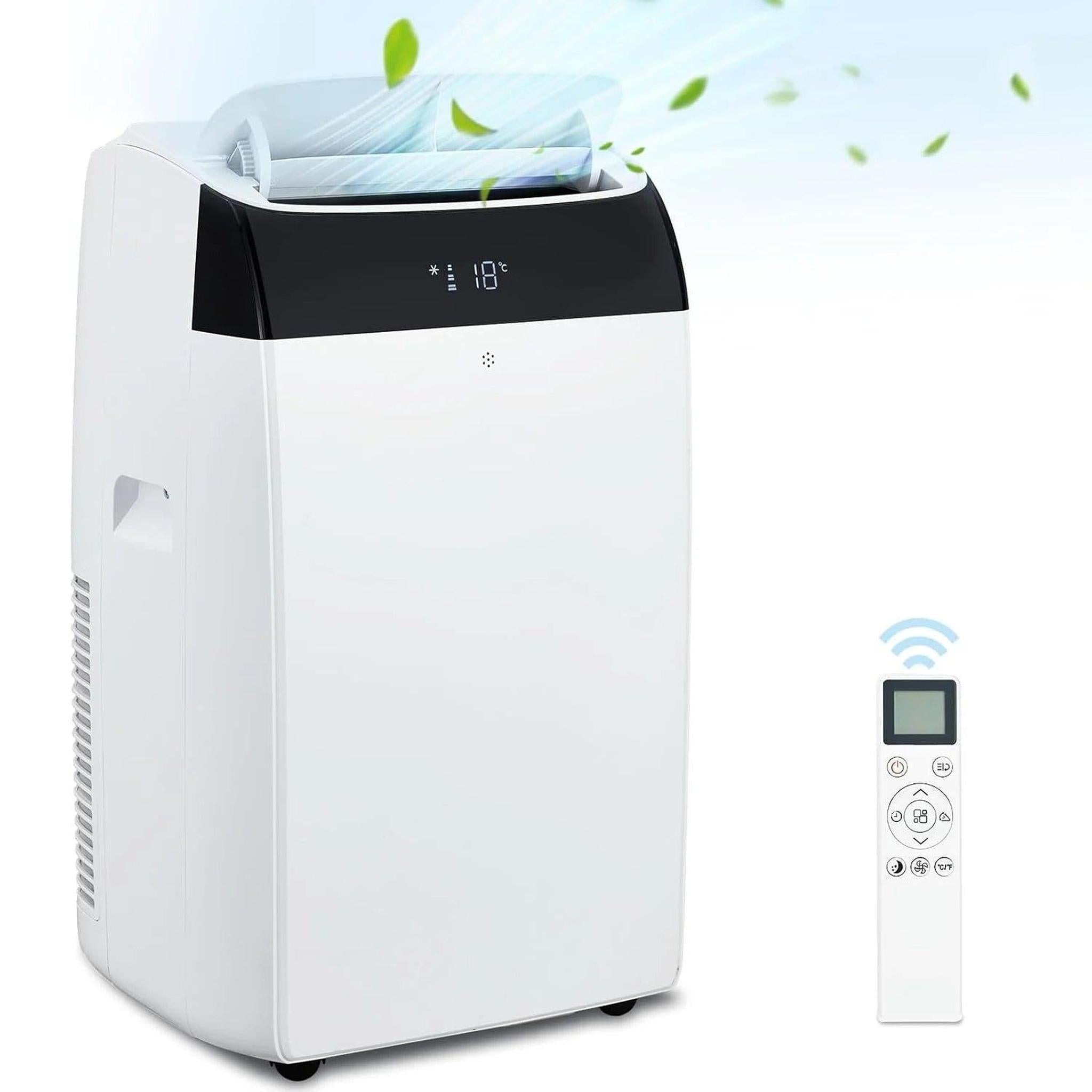 White 14000 BTU portable air conditioner with digital display and remote control.