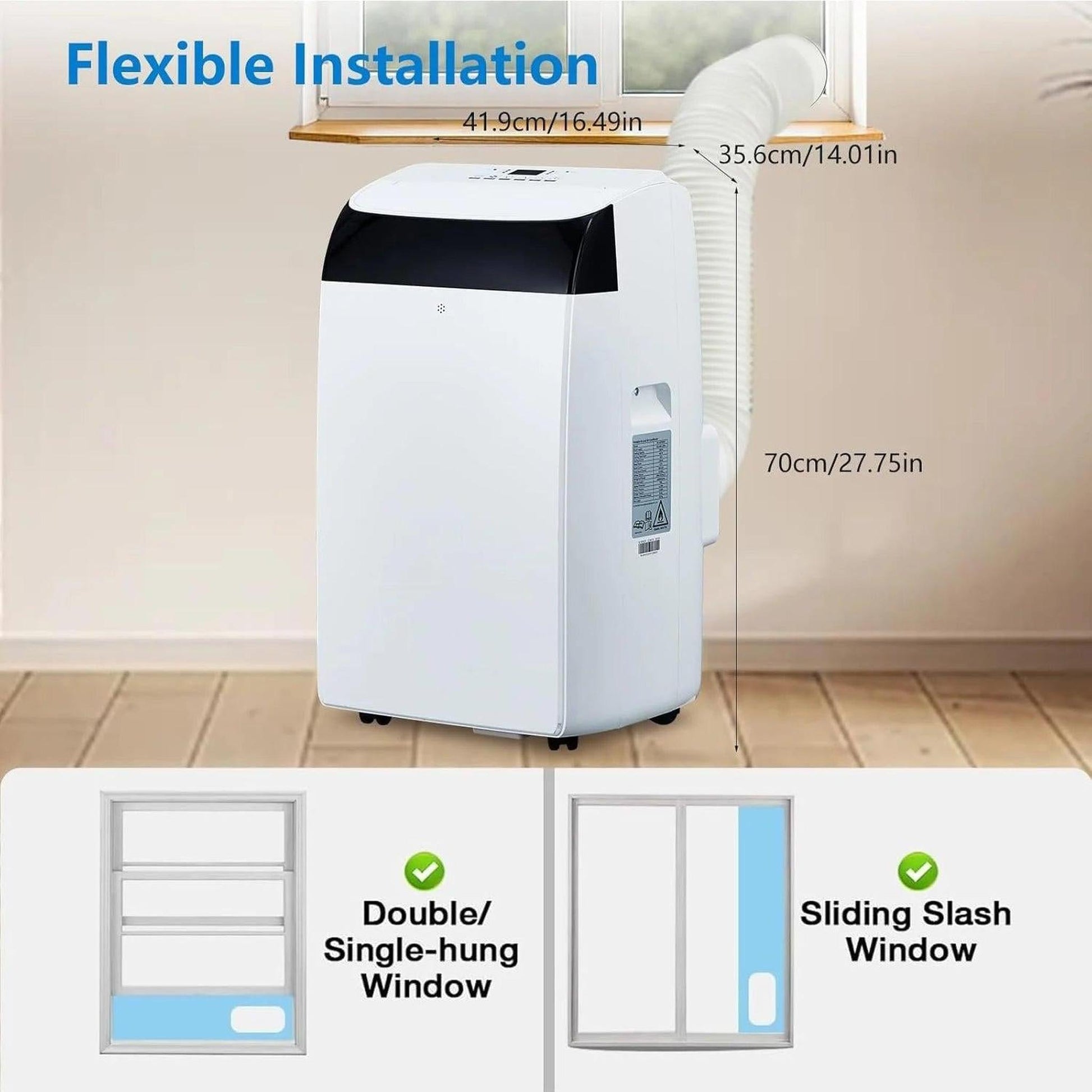 White 14000 BTU portable air conditioner with dimensions and window installation options.