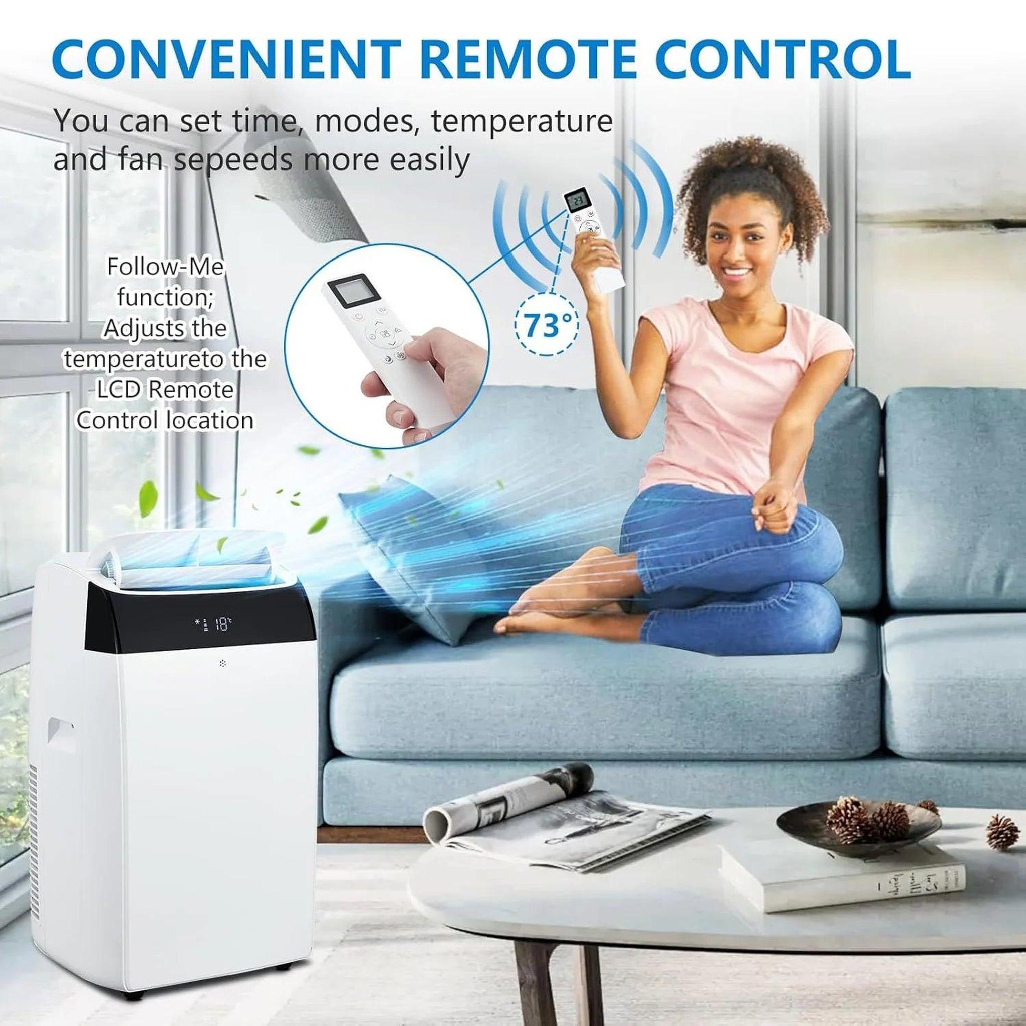 White portable air conditioner cooling a living room with a woman using a remote control.