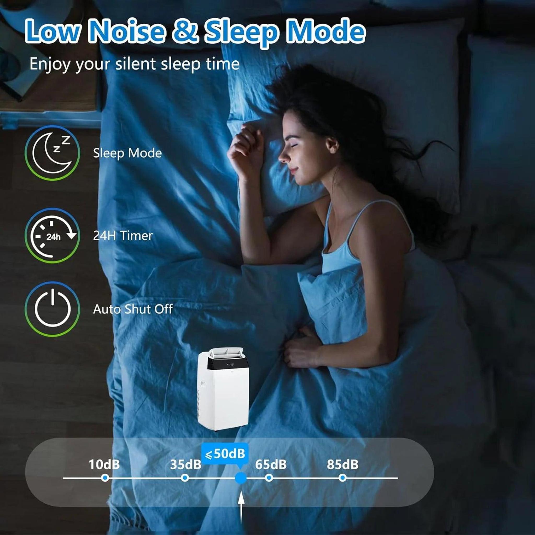 Quiet white portable air conditioner in a bedroom with a sleeping woman, highlighting low noise levels.