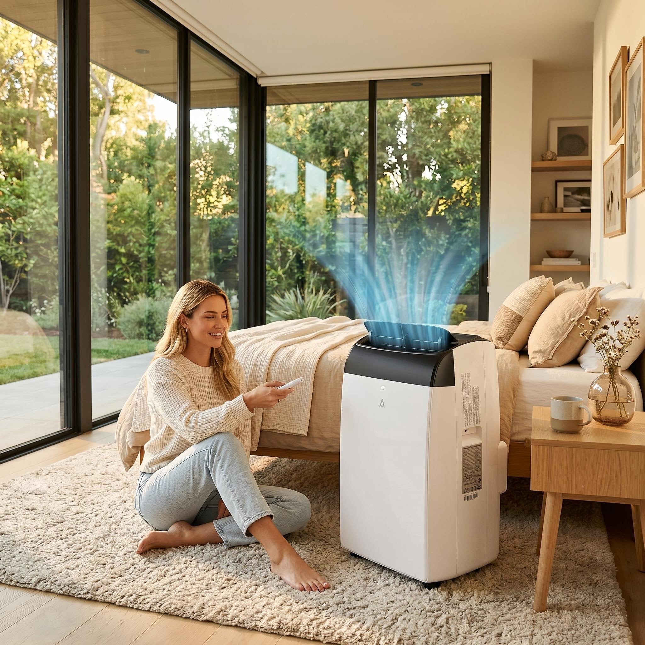 White 14000 BTU portable air conditioner cooling a modern bedroom with remote control.