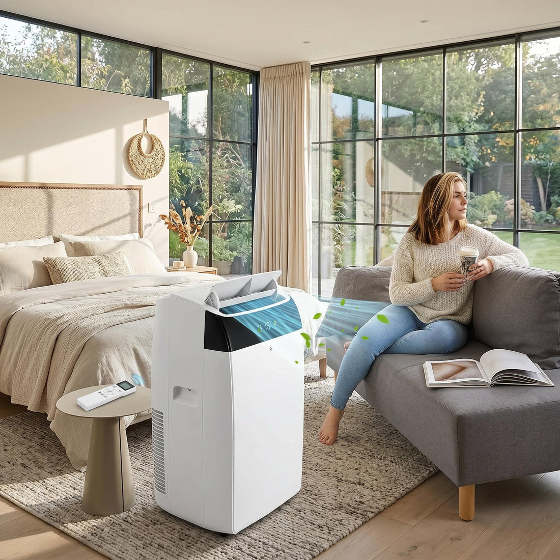 White 14000 BTU portable air conditioner cooling a modern bedroom with remote control.