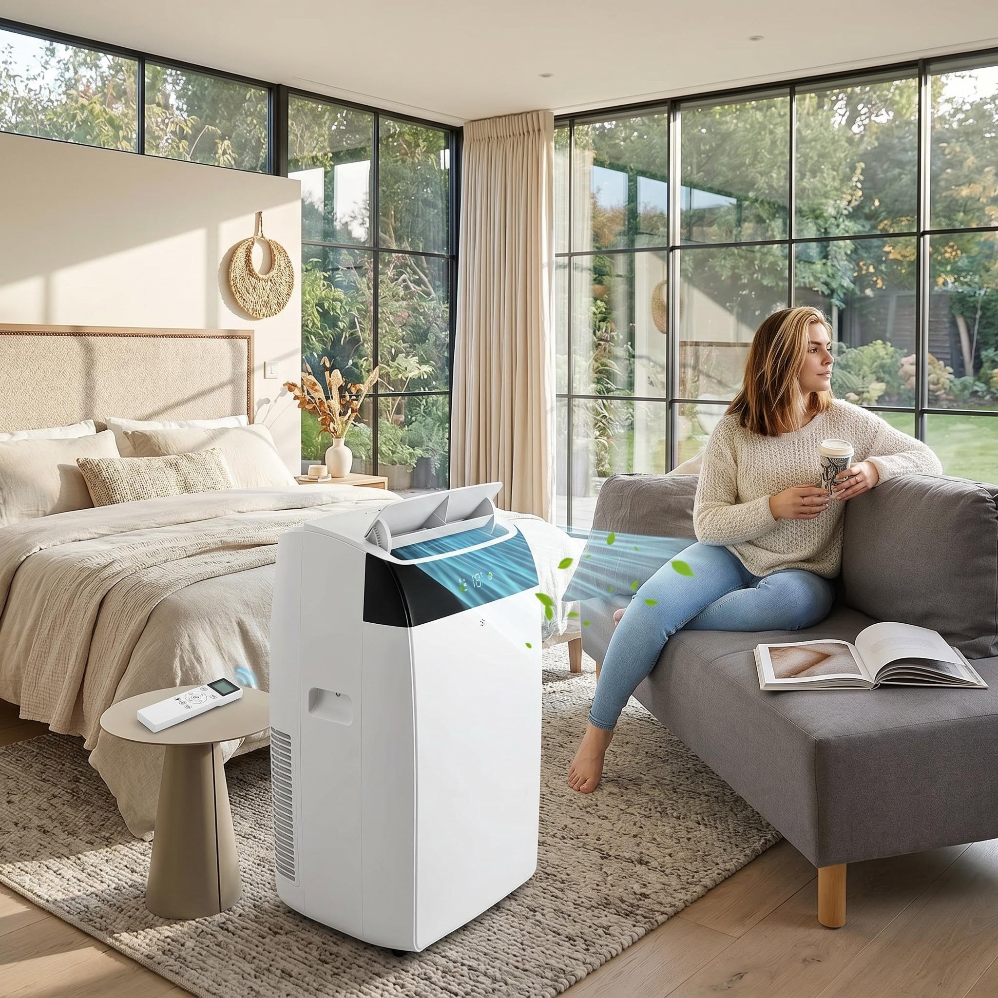 White 14000 BTU portable air conditioner cooling a modern bedroom and living space.